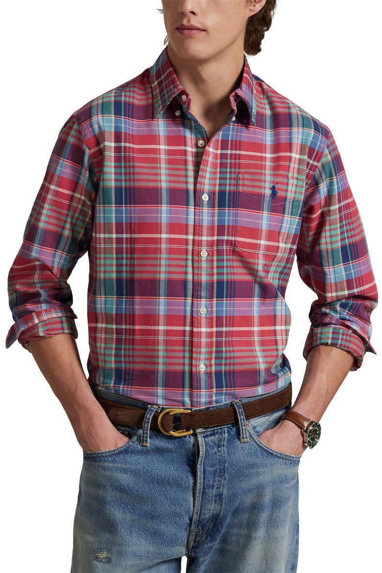 Classic Fit Plaid Cotton Oxford Button-Up Shirt, Main, color, RED/ GREEN MULTI