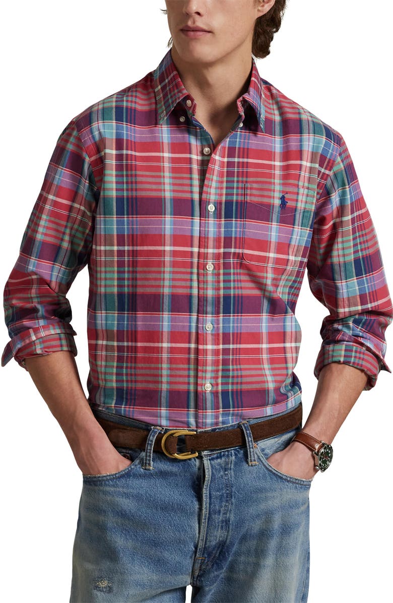 Polo Ralph Lauren Classic Fit Plaid Cotton Oxford Button-Up Shirt, Main, color, Red/ Green Multi