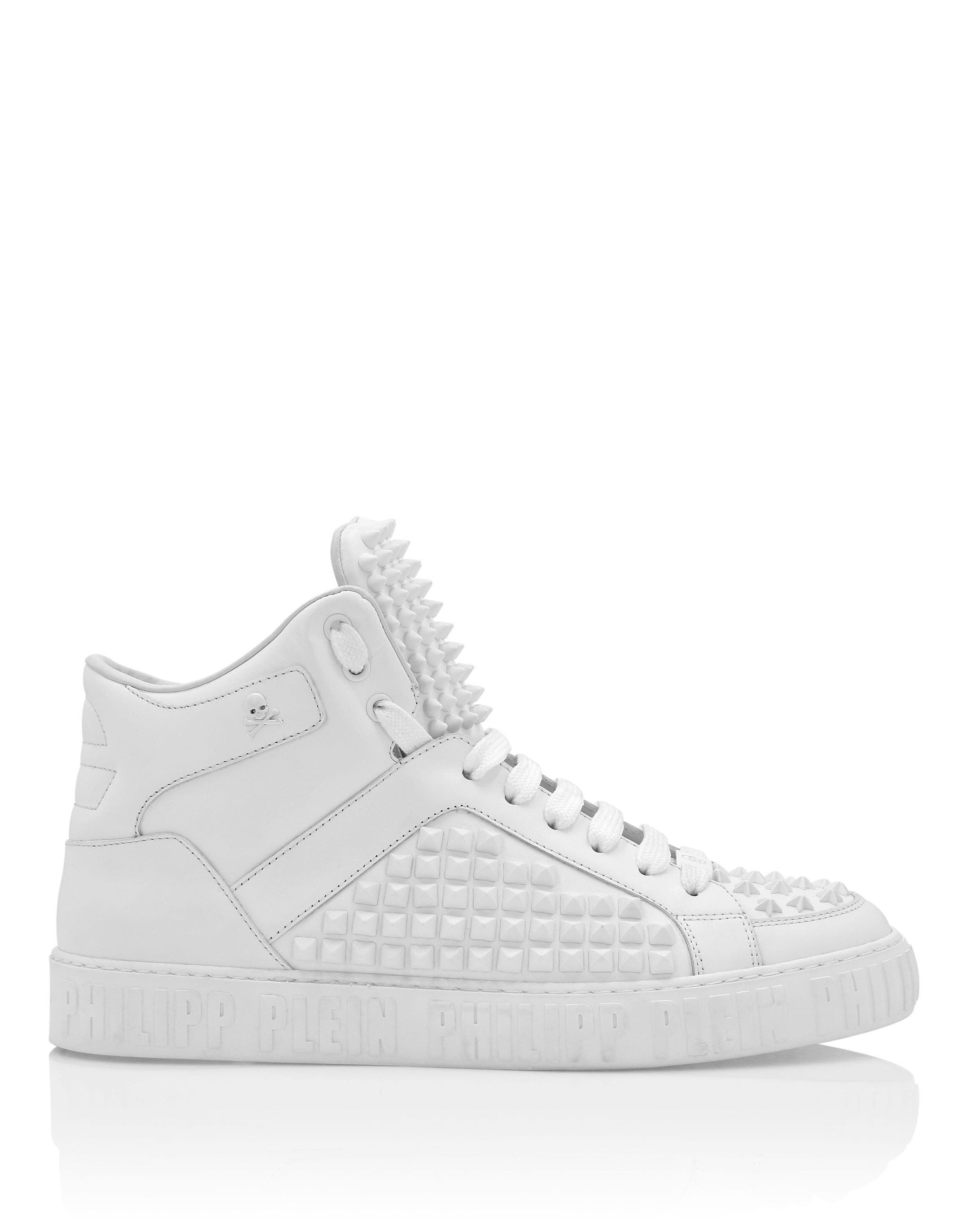 Nappa Leather Mid-Top Sneakers Studs Luxe Unisex, Alternate, color, white
