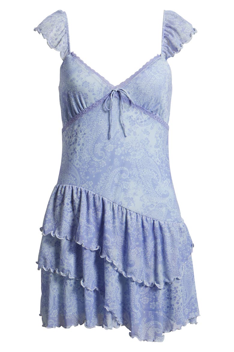 Paisley Flutter Sleeve Asymmetric Ruffle Dress, Alternate, color, BLUE FEATHER PAISLEY PATCH