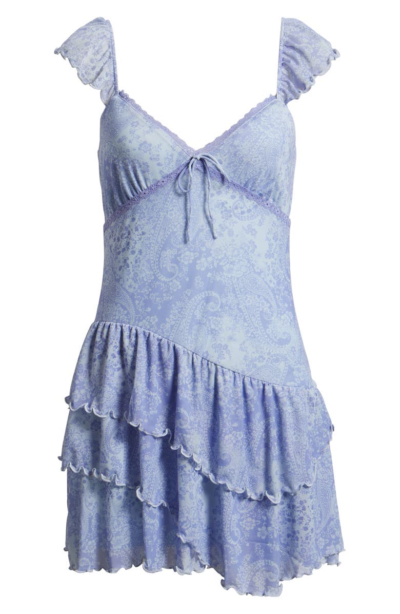 BP. Paisley Flutter Sleeve Asymmetric Ruffle Dress, Alternate, color, Blue Feather Paisley Patch