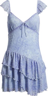 BP. Paisley Flutter Sleeve Asymmetric Ruffle Dress