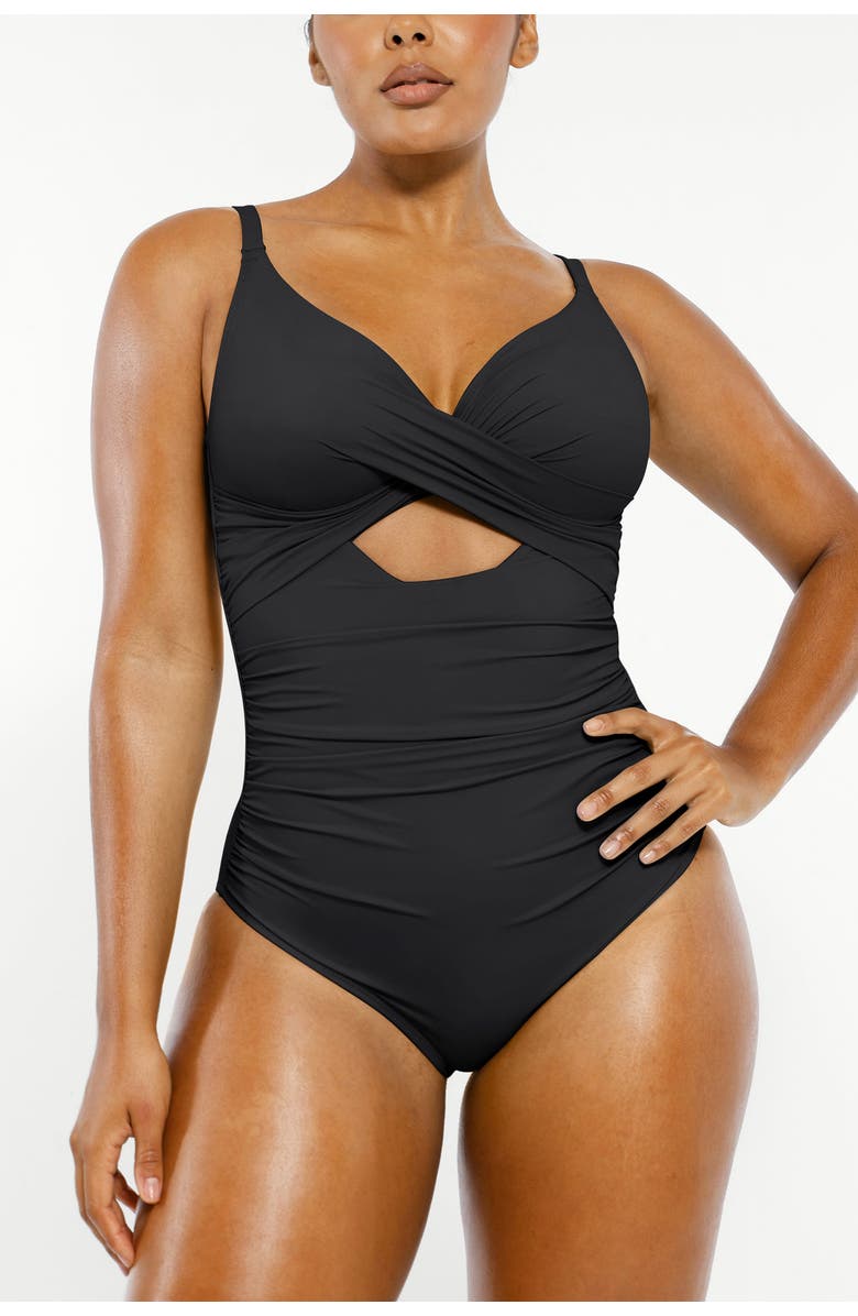 Shapellx Cutout-Front Tummy Control One-Piece Swimsuit, Main, color, Jet Black