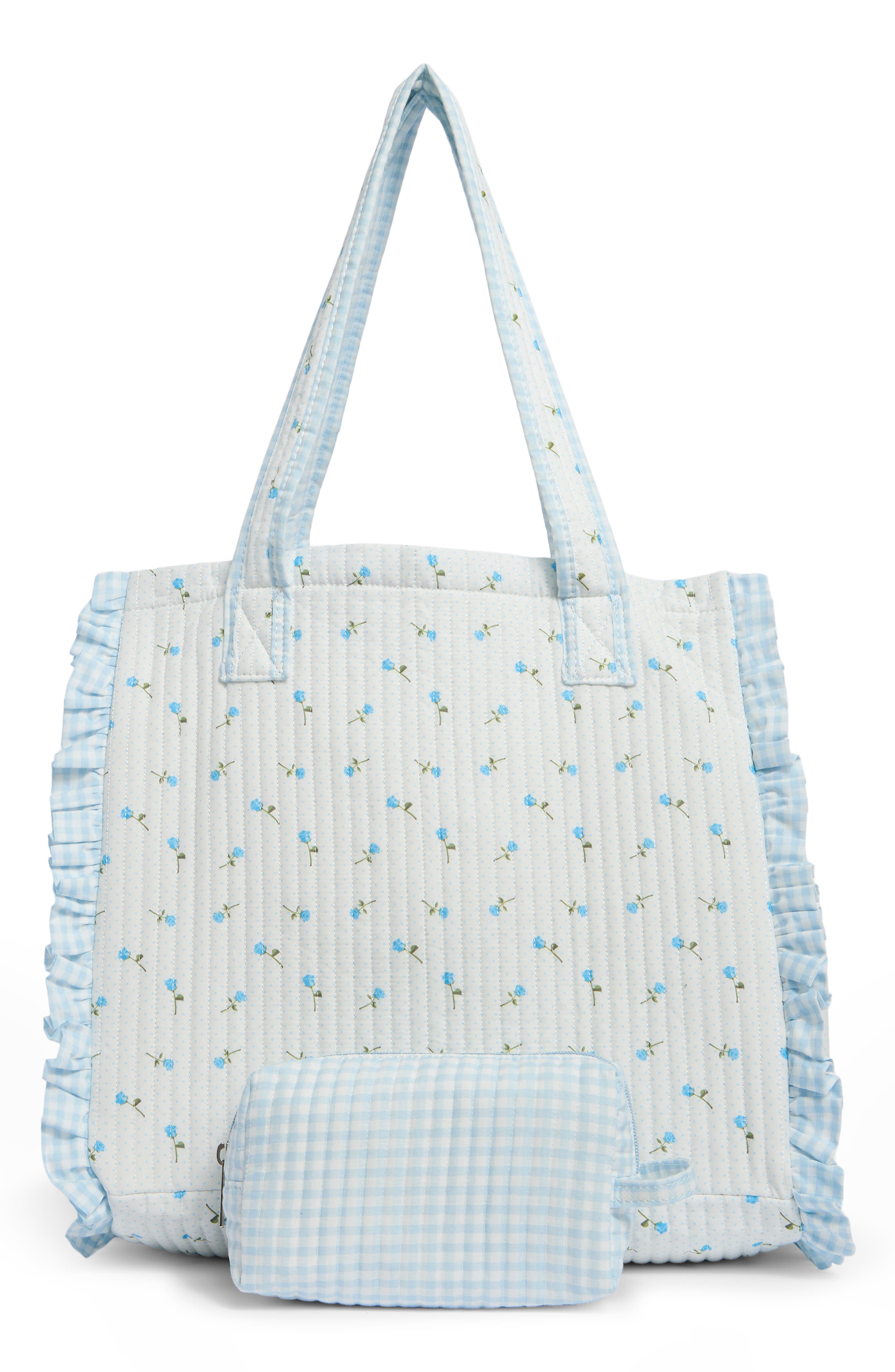 Madden Girl Floral Quilted Tote Bag with Pouch, Alternate, color, Blue Ditsy