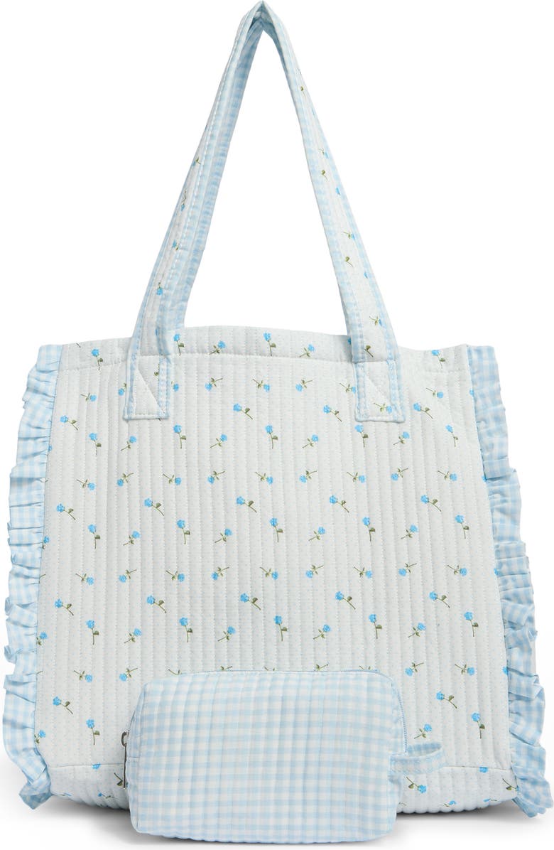 Madden Girl Floral Quilted Tote Bag with Pouch, Alternate, color, Blue Ditsy