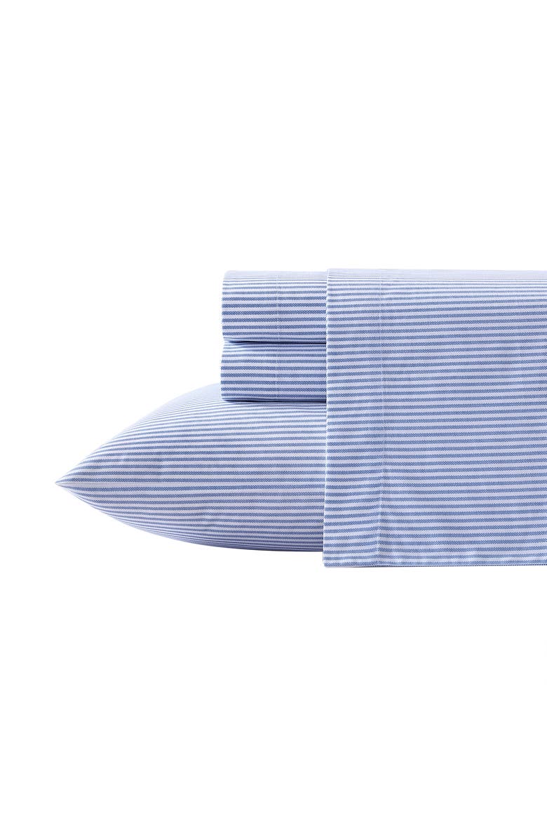 POPPY AND FRITZ Oxford Stripe 200 Thread Count Cotton Percale Sheet Set, Main, color, Blue/ White