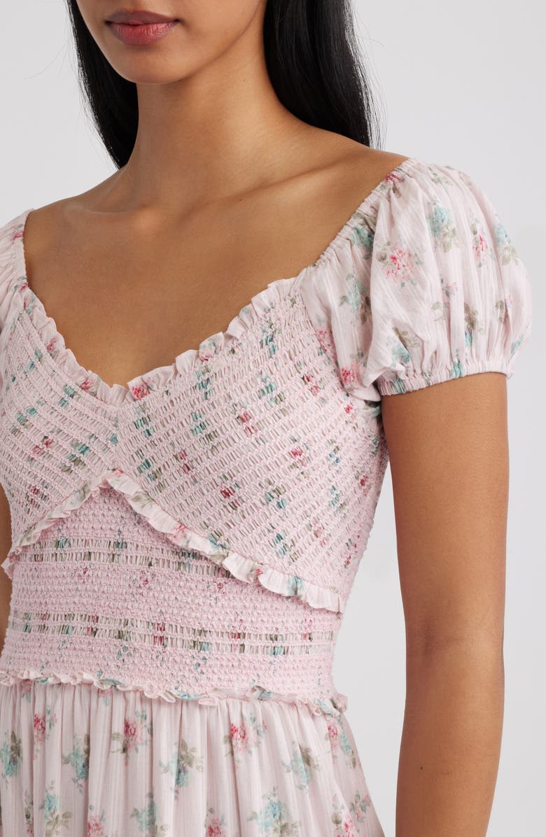 LoveShackFancy Amandla Floral Smock Bodice Cotton Maxi Dress, Alternate, color, 