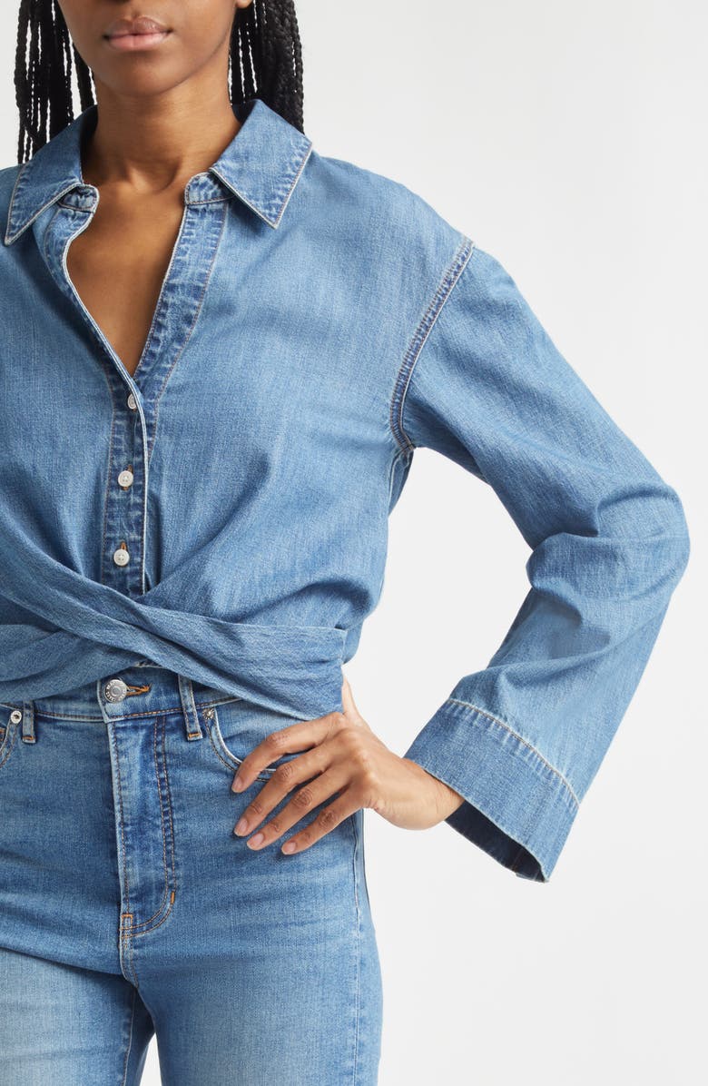 Veronica Beard Timothy Crop Twist Button-Up Denim Shirt, Alternate, color, Ripple Haze