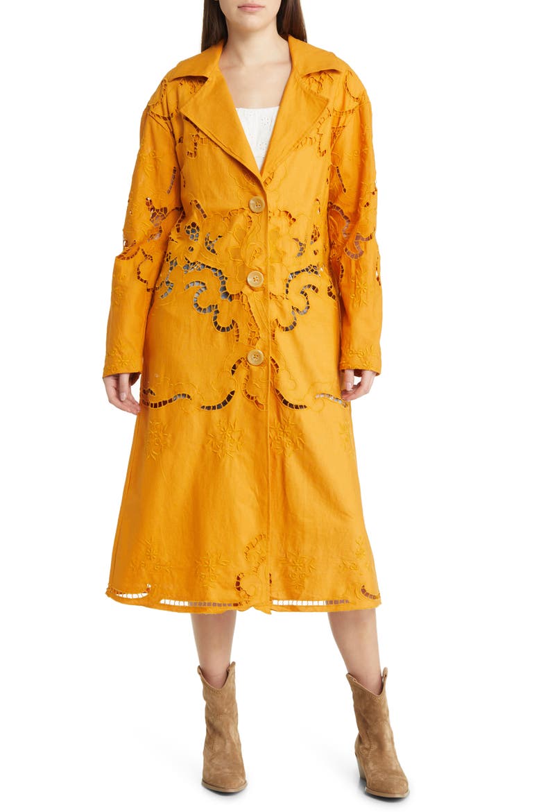 Susanna Eyelet Cotton & Linen Coat, Alternate, color, MUSTARD