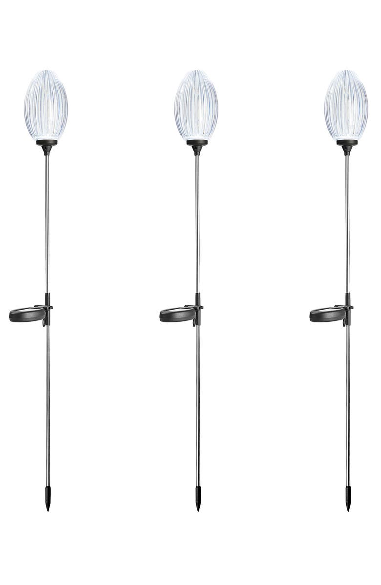 Glitzhome Set of 3 Solar Stake Oval Flower Light with Stainless Steel Pole, Main, color, Black