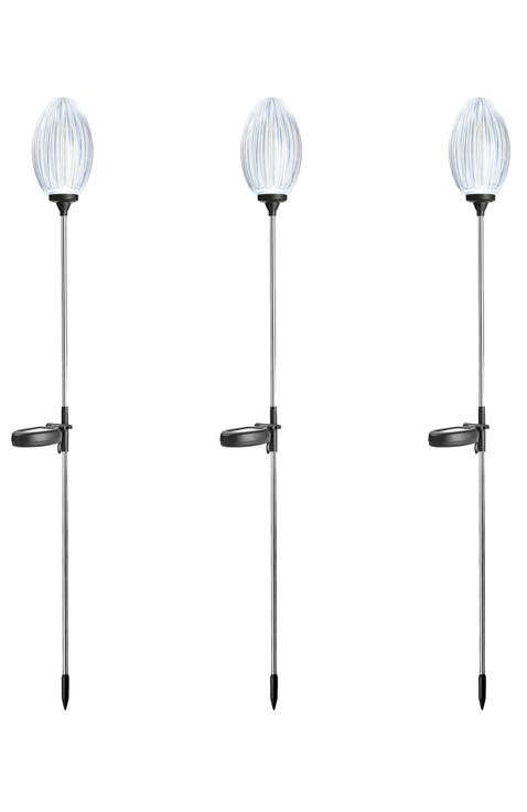 Set of 3 Solar Stake Oval Flower Light with Stainless Steel Pole