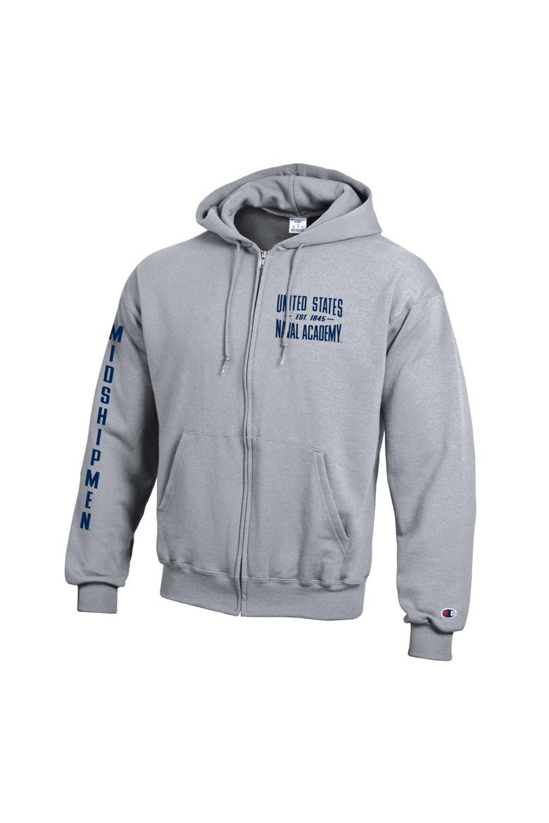 Men's Champion  Heather Gray Navy Midshipmen Varsity Powerblend Full-Zip Fleece Hoodie, Alternate, color, Heather Gray