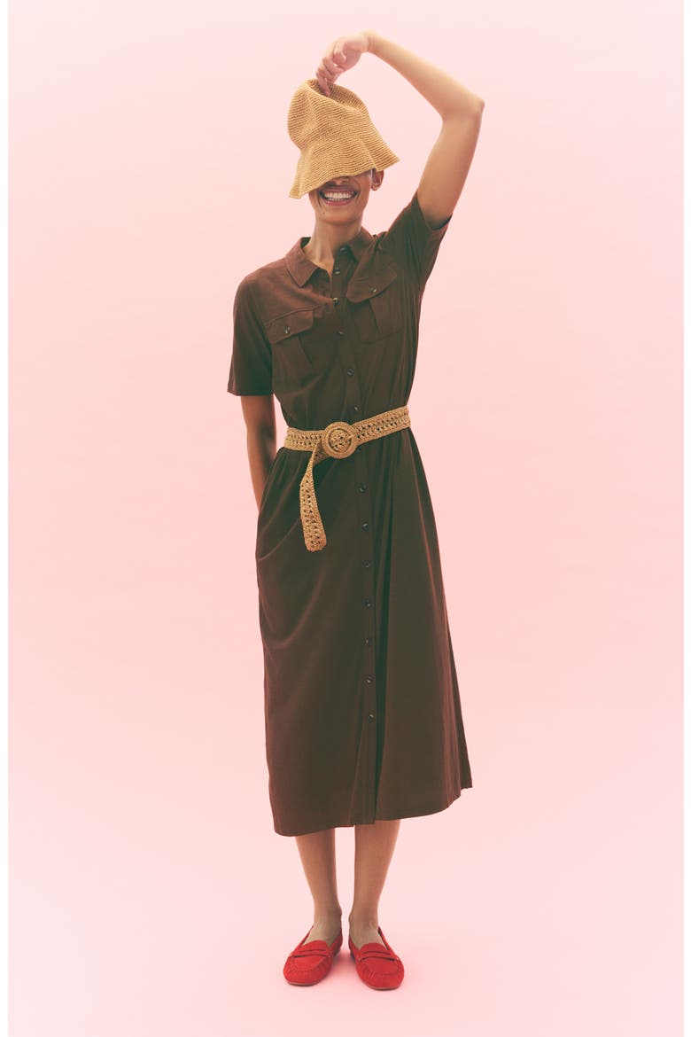 Mavis Belted Jersey Midi Shirtdress, Alternate, color, BROWN