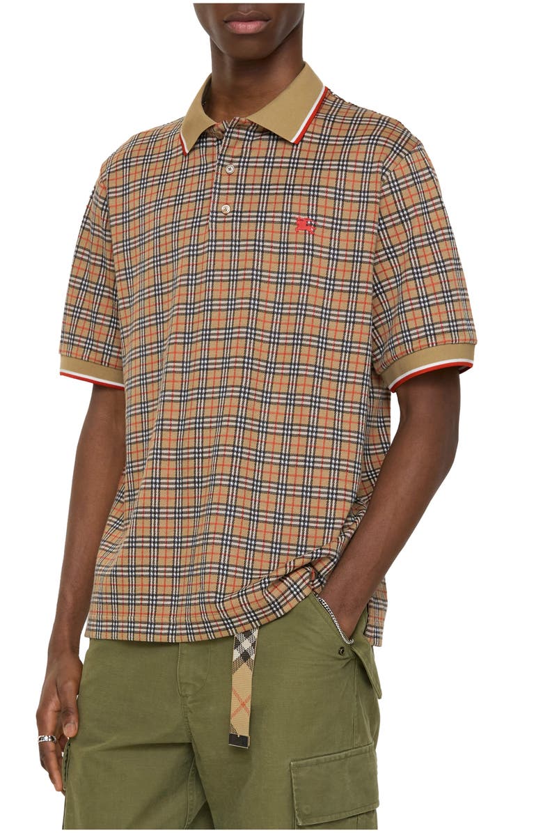 Burberry Check Cotton Blend Polo Shirt, Main, color, Sand Beige