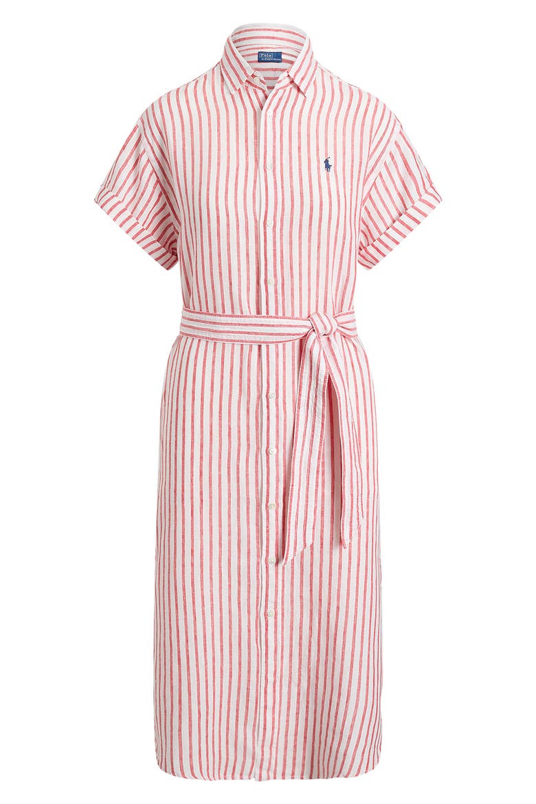 Stripe Short Sleeve Linen Shirtdress, Alternate, color, RED/ WHITE