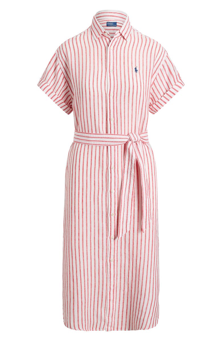 Polo Ralph Lauren Stripe Short Sleeve Linen Shirtdress, Alternate, color, Red/ White