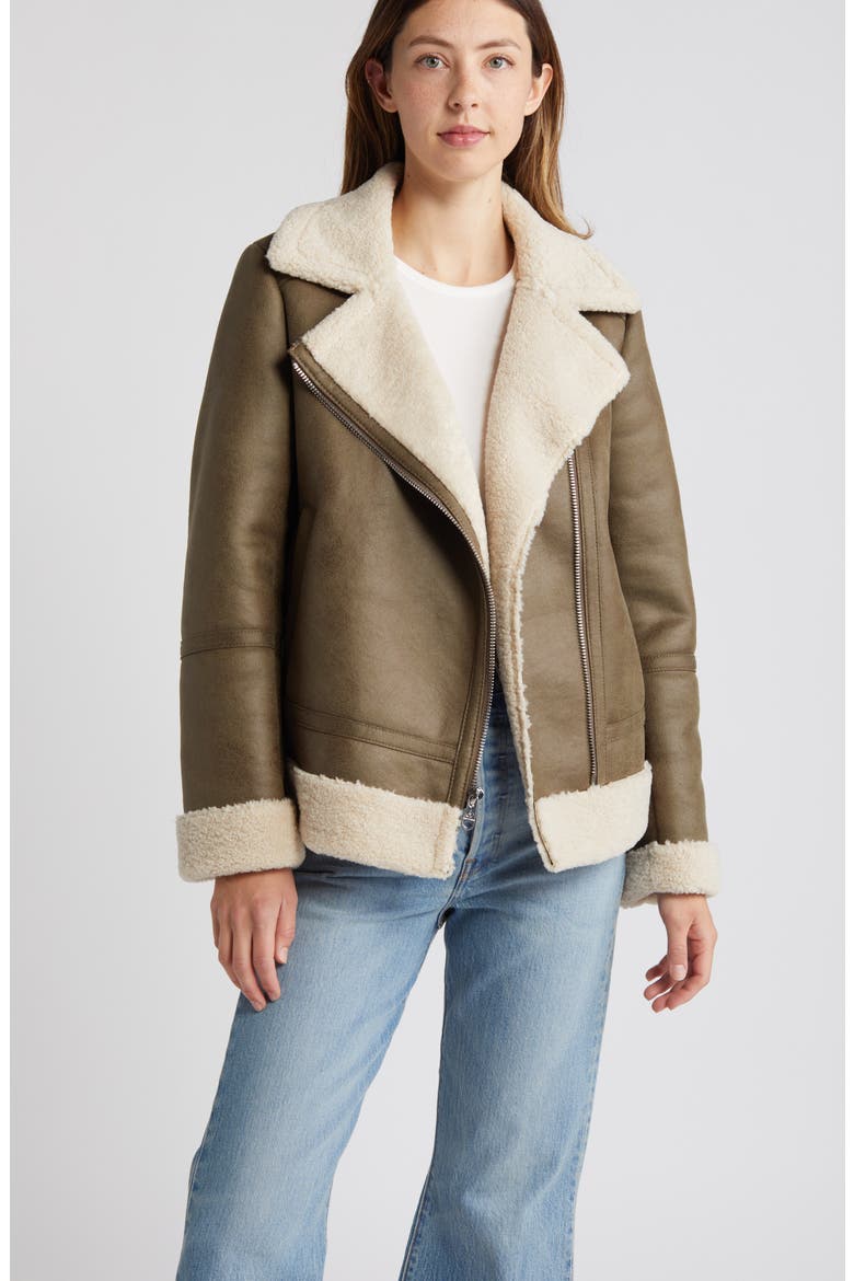 Faux Leather & Faux Shearling Moto Jacket, Alternate, color, IVORY/SAGE