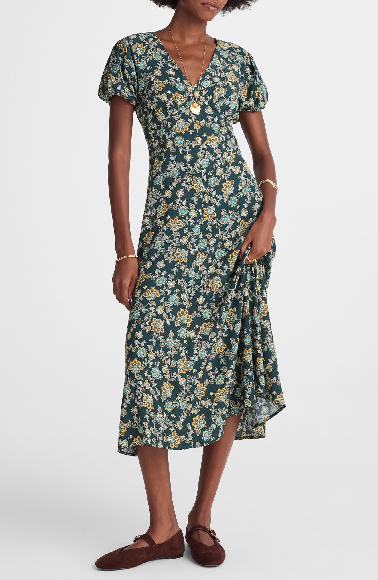 Madewell Floral Seamed Puff Sleeve Midi Dress
