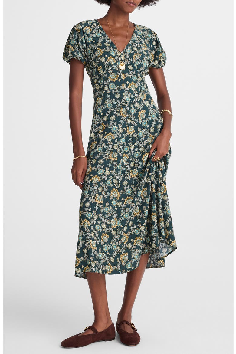 Floral Seamed Puff Sleeve Midi Dress, Main, color, MINERAL BLUE