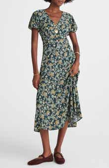 Madewell Floral Seamed Puff Sleeve Midi Dress