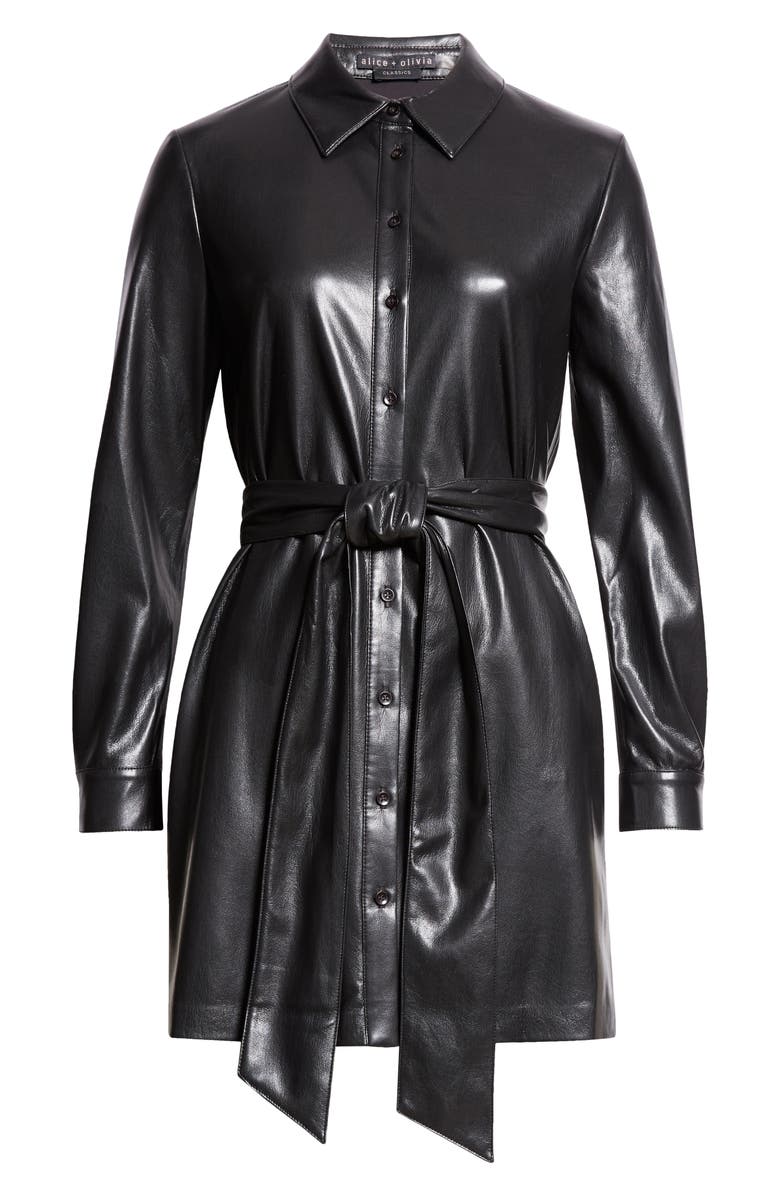 Alice + Olivia Chassidy Belted Faux Leather Shirtdress, Alternate, color, 