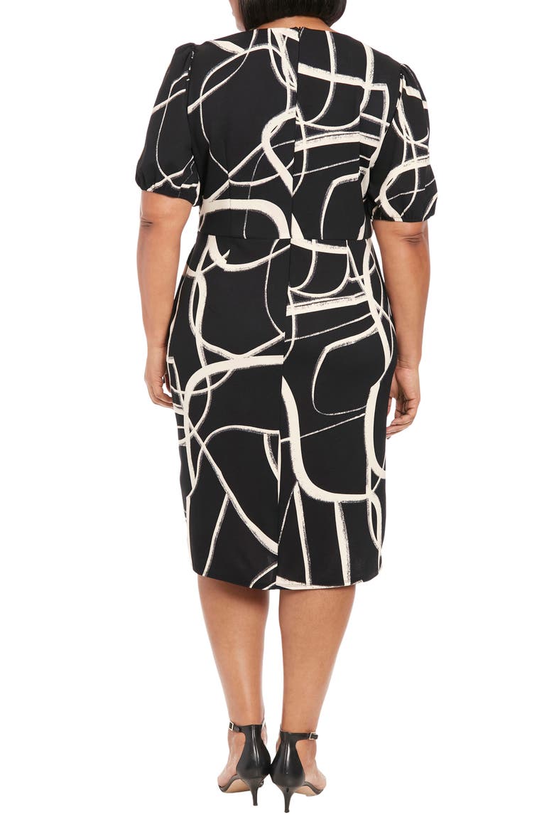 Puff Sleeve Tie Waist Midi Dress, Alternate, color, BLACK CREAM