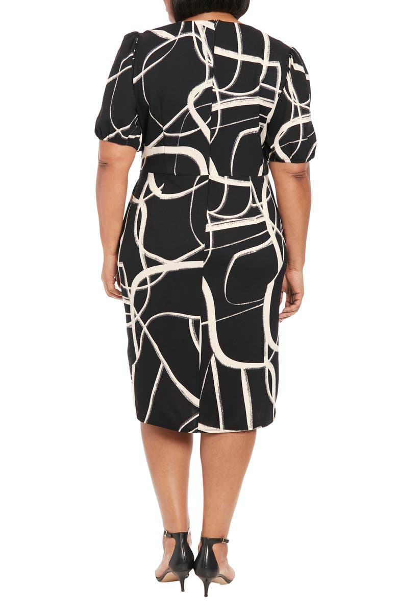 London Times Puff Sleeve Tie Waist Midi Dress, Alternate, color, Black Cream