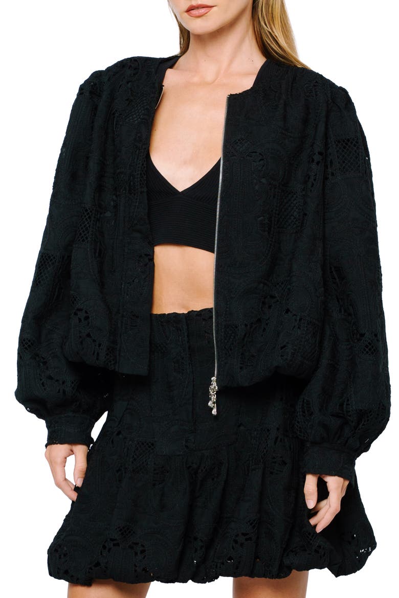 Donna Eyelet Bomber Jacket, Alternate, color, BLACK