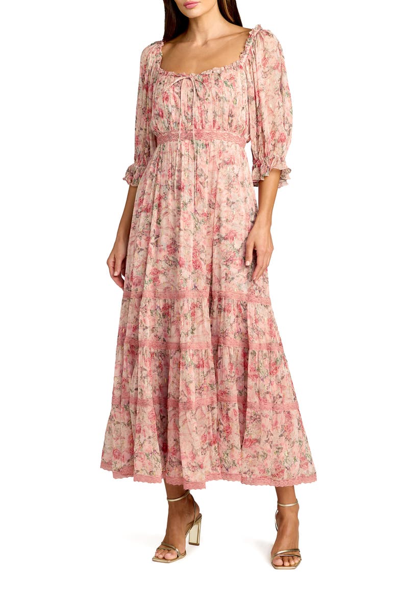 Floral Printed Scoop Neck Midi Dress With 3/4 Sleeves, Main, color, Pink Multi