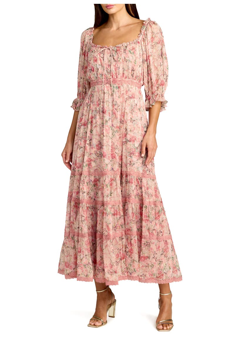 Mac Duggal Floral Printed Scoop Neck Midi Dress With 3/4 Sleeves, Main, color, Pink Multi