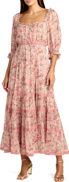 Mac Duggal Floral Printed Scoop Neck Midi Dress With 3/4 Sleeves