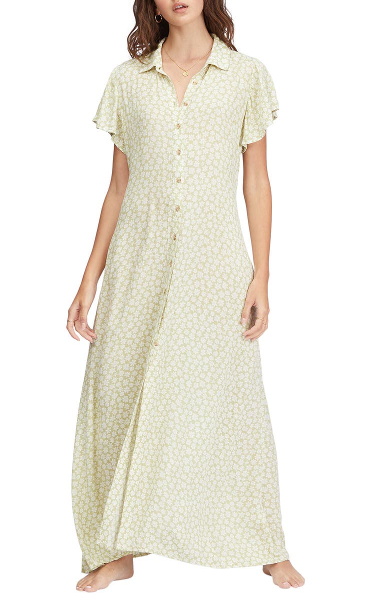 Billabong Garden Party Floral Print Flutter Sleeve Maxi Shirtdress, Main, color, 