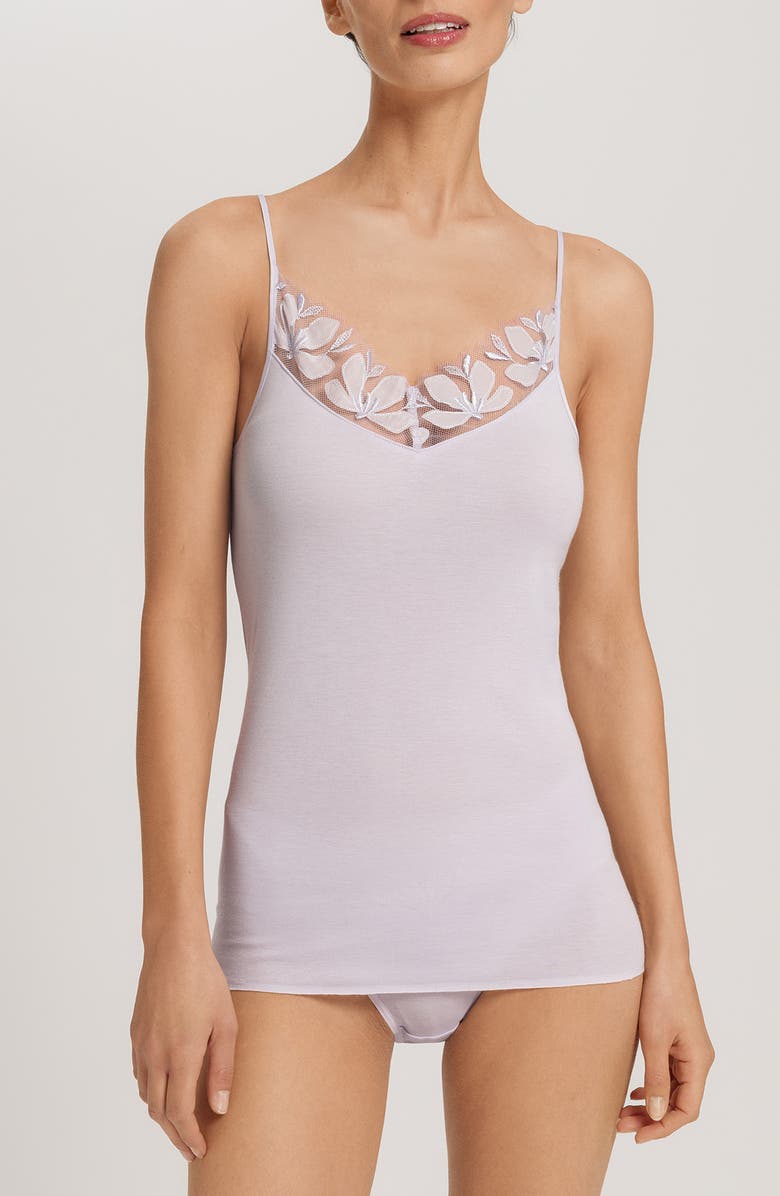 Hanro Kalea Embroidered Trim Cotton Camisole, Main, color, Pink Lavender