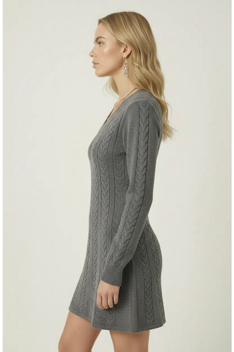 Cable Knit V-Neck Sweater Dress, Alternate, color, Heather Grey