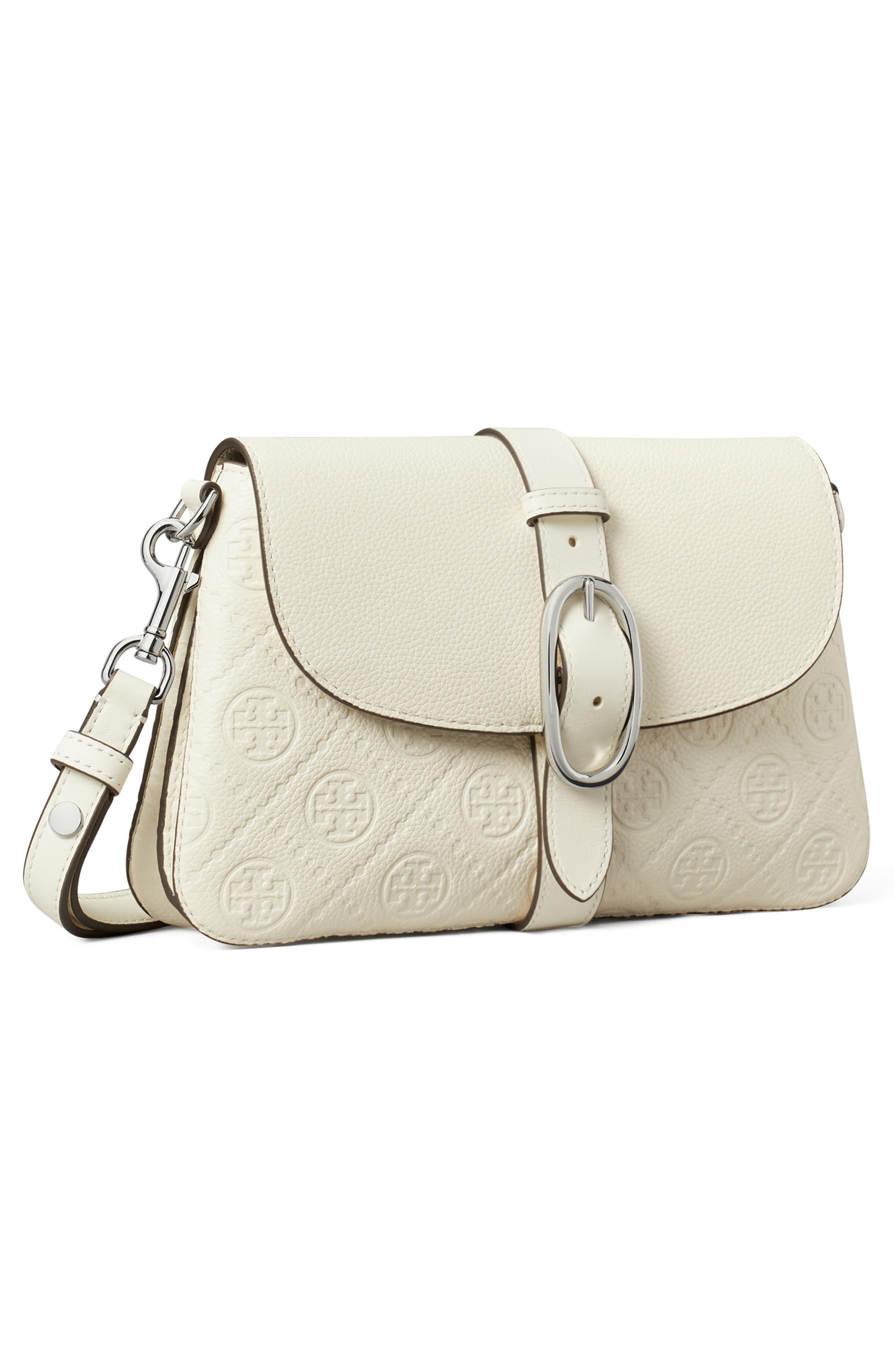 Tory Burch Small T Monogram Soft Pebble Leather Shoulder Bag, Alternate, color, Warm White
