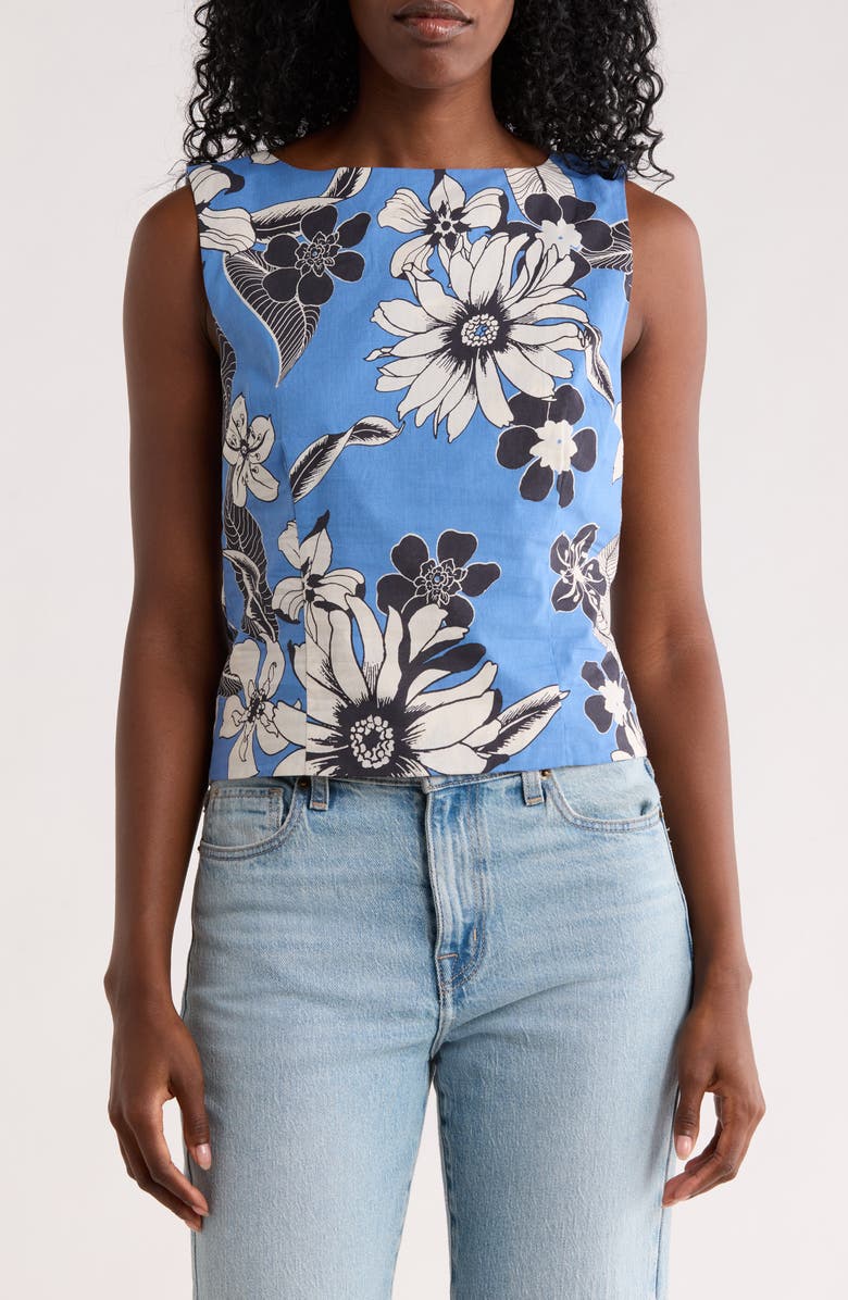 T Tahari Floral Sleeveless Cotton Shell, Main, color, Blue Flower Print