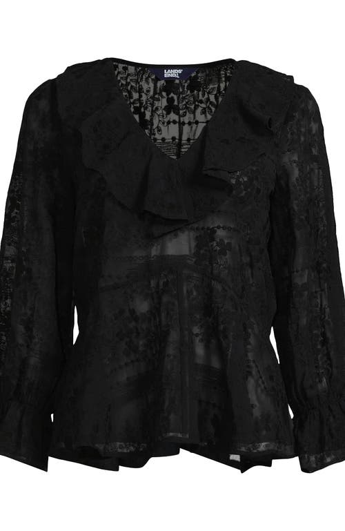 Lands' End Feminine Ruffle Chiffon V Neck Blouse In Black