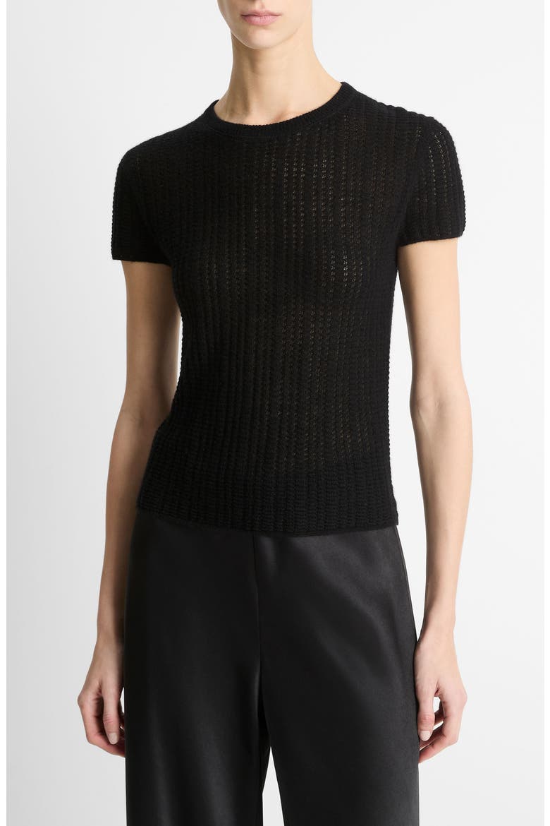 Waffle Stitch Short Sleeve Cashmere & Silk Sweater, Main, color, BLACK