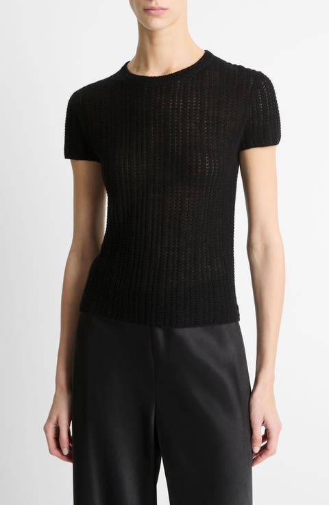 Waffle Stitch Short Sleeve Cashmere & Silk Sweater