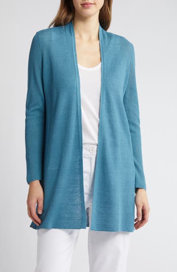 Eileen Fisher Ribbed Side-slit Open-front Cardigan In River
