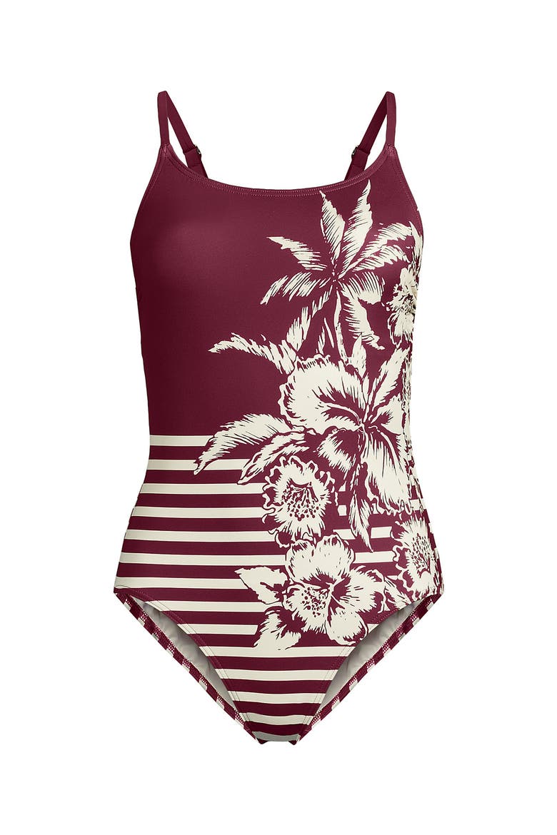 Plus Size Tugless Thin Strap One Piece Swimsuit, Alternate, color, Burgundy Tropic Scenic Stripe