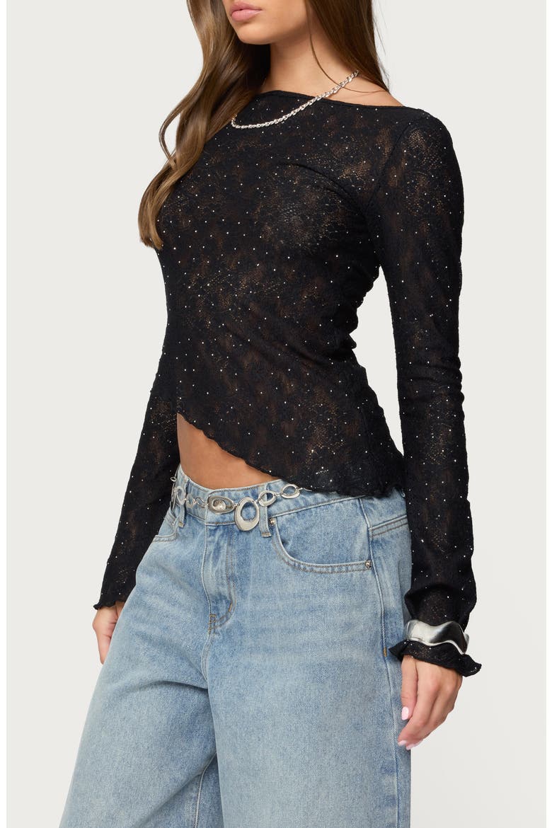 Mare Rhinestone Asymmetric Sheer Lace Top, Alternate, color, BLACK