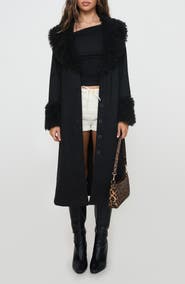 Princess Polly After Party Faux Suede Long Coat with Faux Shearling Trim