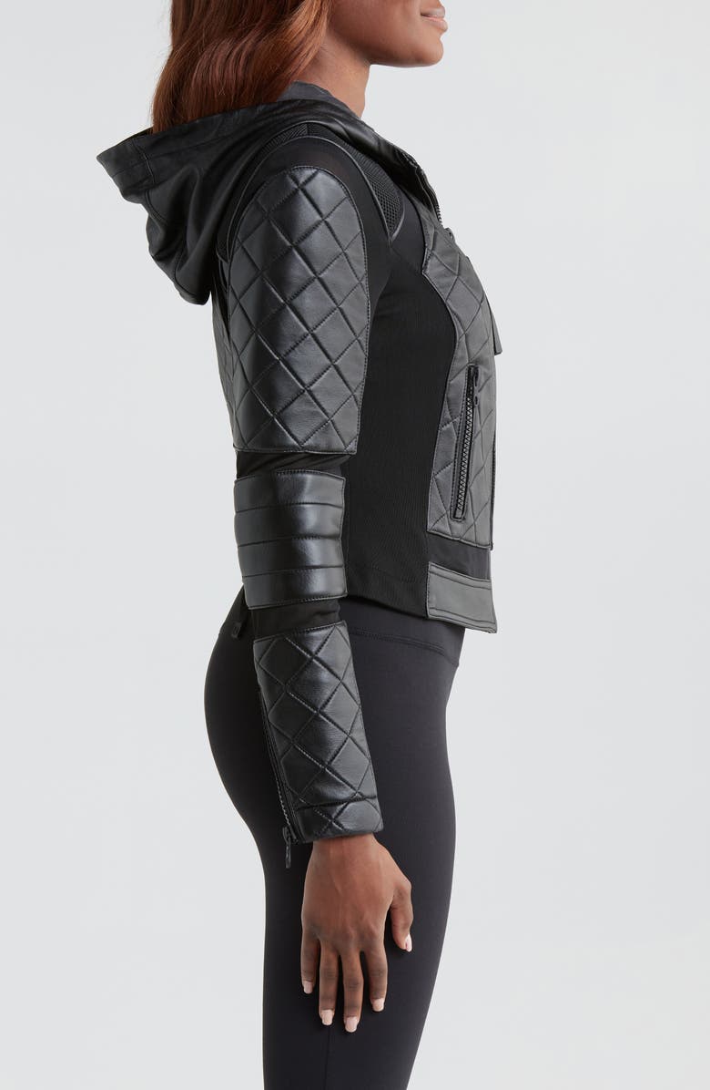 Blanc Noir Leather & Mesh Hooded Moto Jacket, Alternate, color,