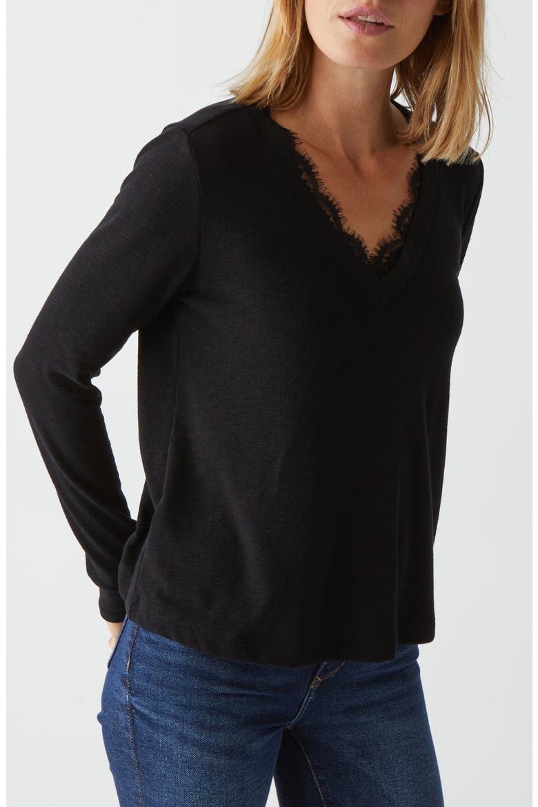 Bebe Lace Trim Relaxed Top, Alternate, color, BLACK