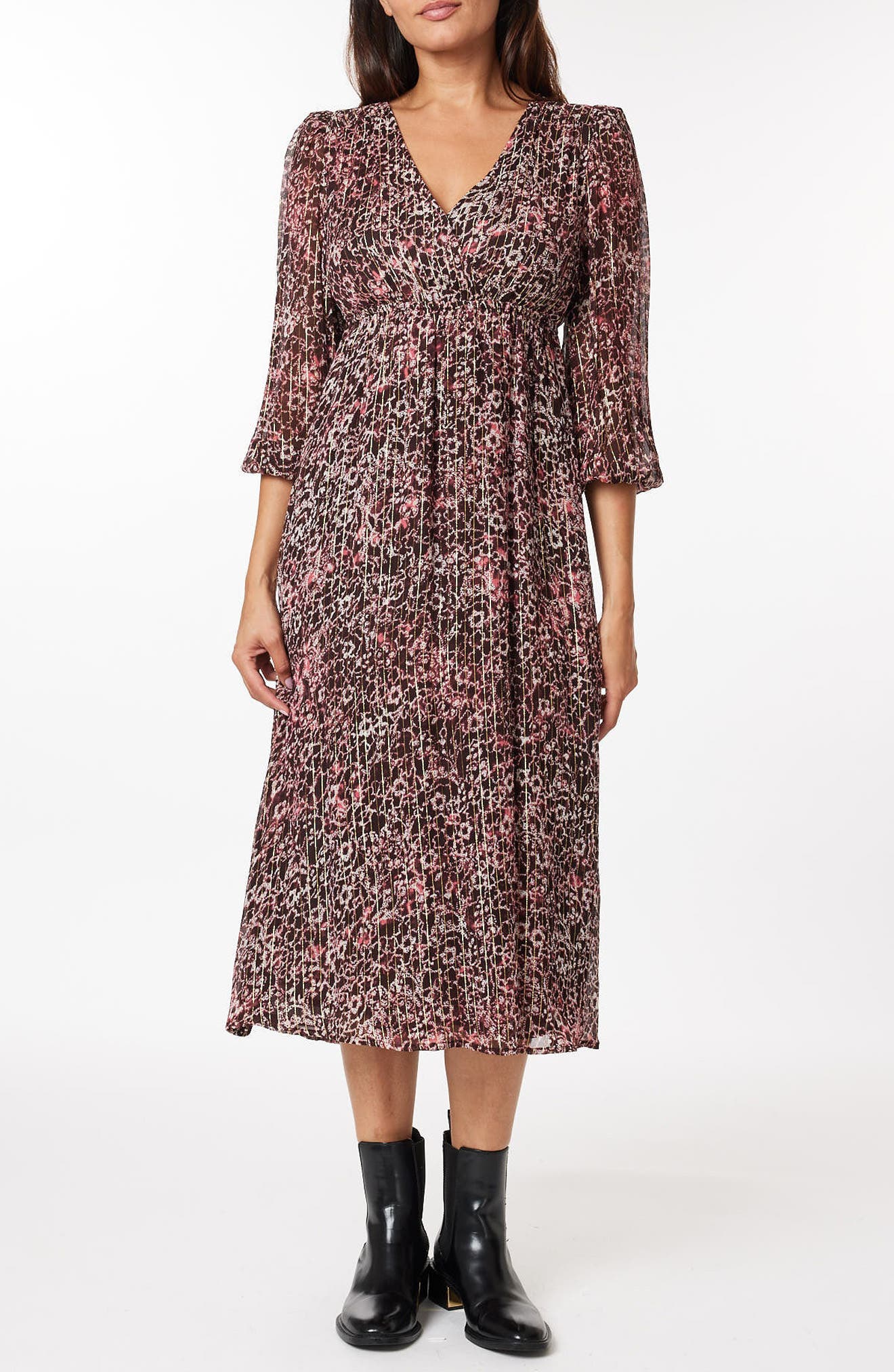 Scotch & Soda Metallic Puff Sleeve Midi Dress (Women) | Nordstrom