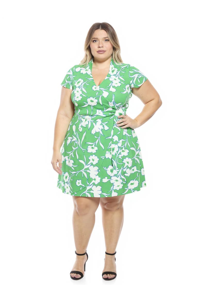 Plus Size Floral Collar Knee Length Side Tie Wrap Dress, Main, color, Green Multi