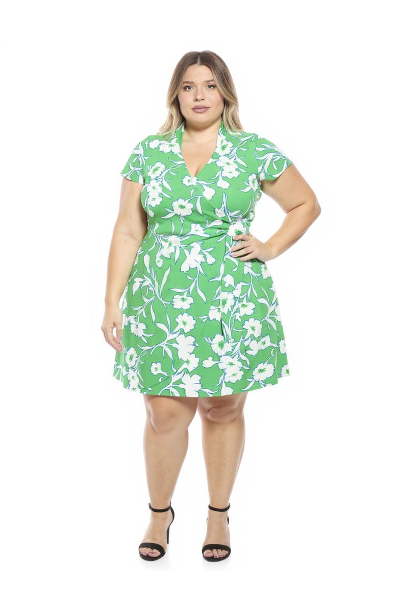 24seven Comfort Apparel Plus Size Floral Collar Knee Length Side Tie Wrap Dress, Main, color, Green Multi