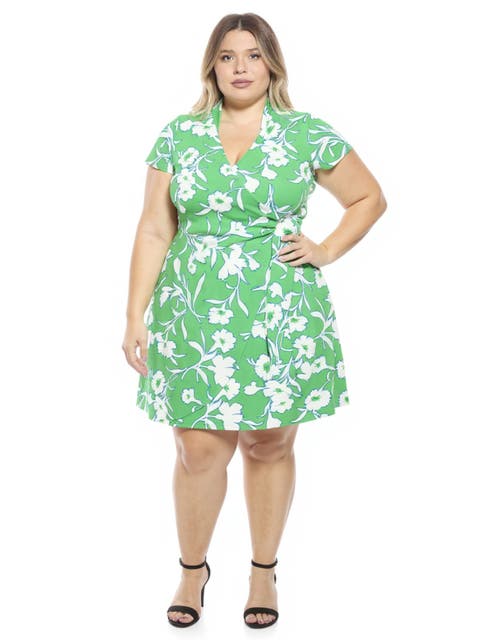 Plus Size Floral Collar Knee Length Side Tie Wrap Dress