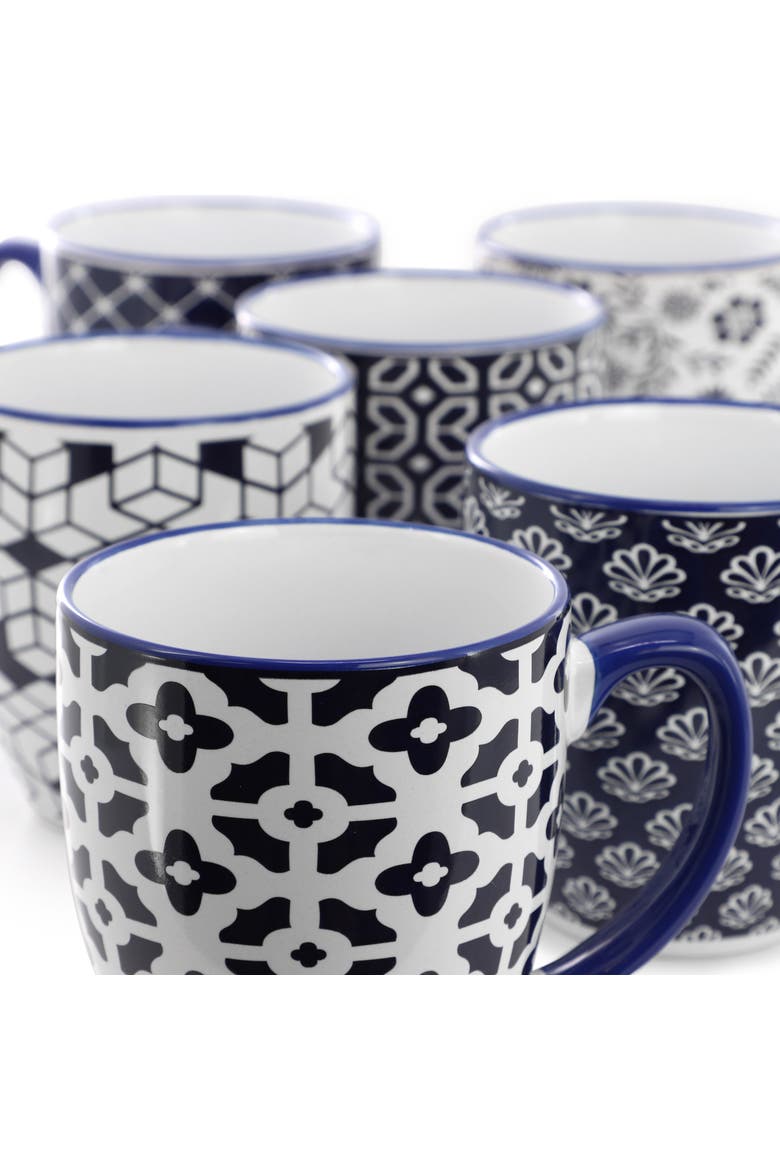 Flyn 6 Piece 16 Ounce Assorted Design Stoneware Mug Set, Alternate, color, Blue